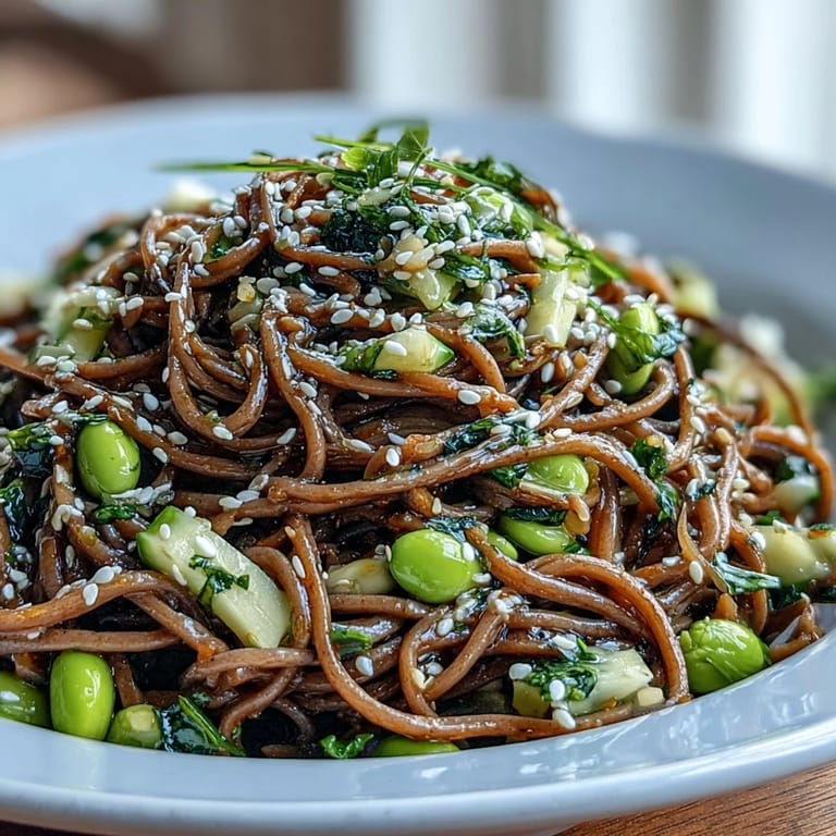 Overhead view of a healthy Soba Noodle Bowl topped with edamame and herbs, showcasing a savory sesame dressing for a light dinner.