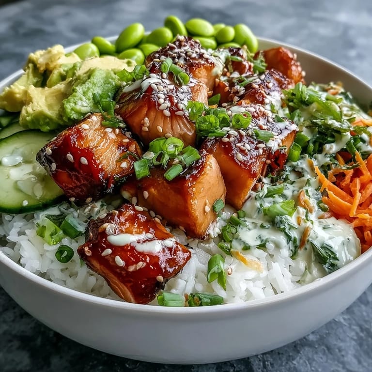 Tender broiled salmon pieces glisten over steamed jasmine rice in a colorful bowl. Edamame, sliced cucumbers, and shredded carrots create a crunchy, fresh vegetable mix. The Baked Salmon Rice Bowl is garnished with sesame seeds and a squeeze of zesty lime.