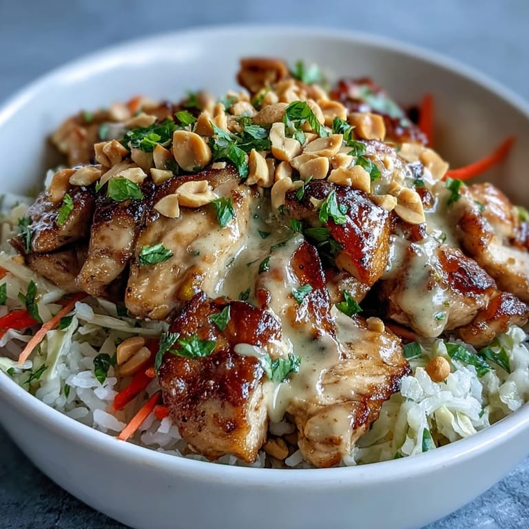 Peanut Chicken Protein Bowl topped with fresh cilantro, chopped peanuts, and creamy Thai-inspired peanut sauce drizzle.