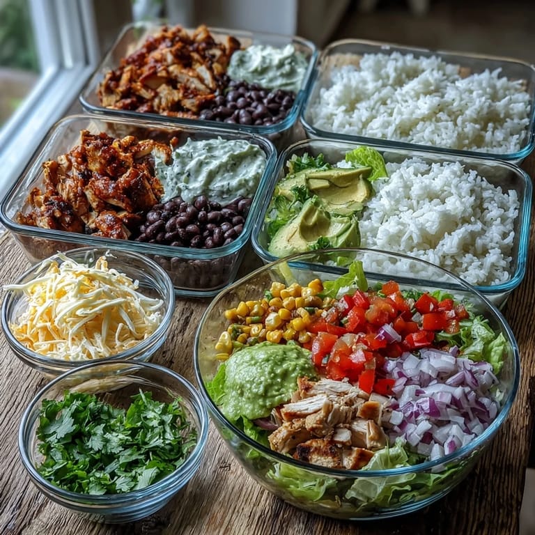 Layered Meal Prep Burrito Bowl Base with ground beef, cilantro, shredded cheese, and pico de gallo for a hearty meal.