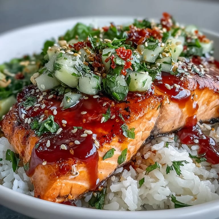 Overhead view of a colorful Bang Bang Salmon Bowl featuring tender fish, fluffy rice, and a rich drizzle of homemade bang bang sauce.