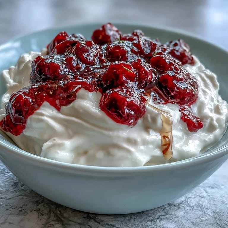 A spoonful of warm strawberry compote melts into cool Greek yogurt, garnished with granola and mint for a refreshing treat.