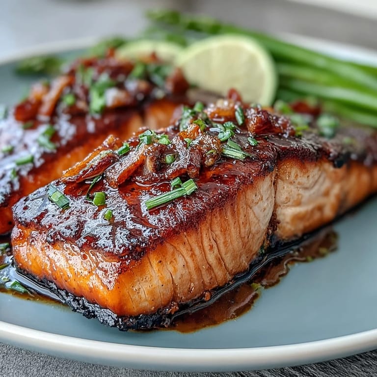 Bright salmon fillets with crisp asparagus spears glisten in a rich garlic butter sauce.