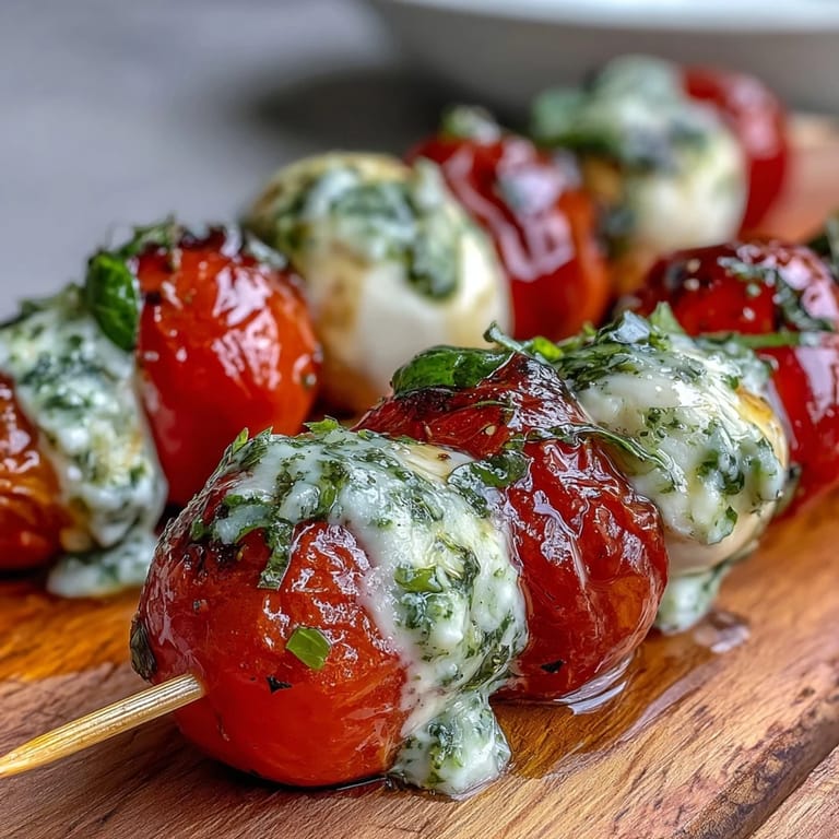 Colorful Caprese skewers featuring juicy tomatoes, creamy mozzarella, and fresh basil, finished with a zesty pesto drizzle.