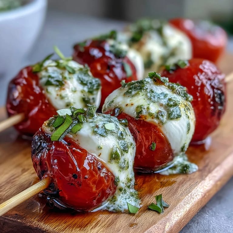 Fresh Caprese skewers with ripe tomatoes, soft mozzarella, and fragrant basil, topped with a vibrant basil pesto drizzle.