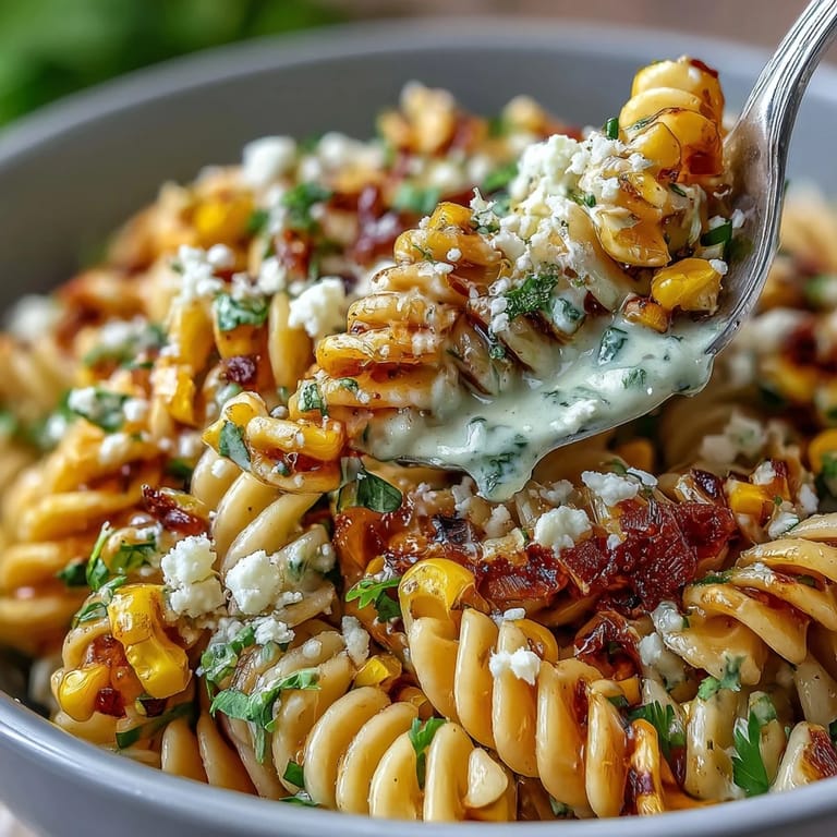 Creamy Mexican Street Corn Elote Pasta Salad featuring juicy cherry tomatoes, cilantro, and smoky chili spices.