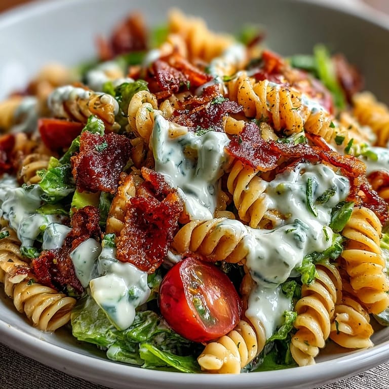 Fresh BLT pasta salad featuring bacon, romaine, cherry tomatoes, and avocado ranch dressing for a summer picnic favorite.
