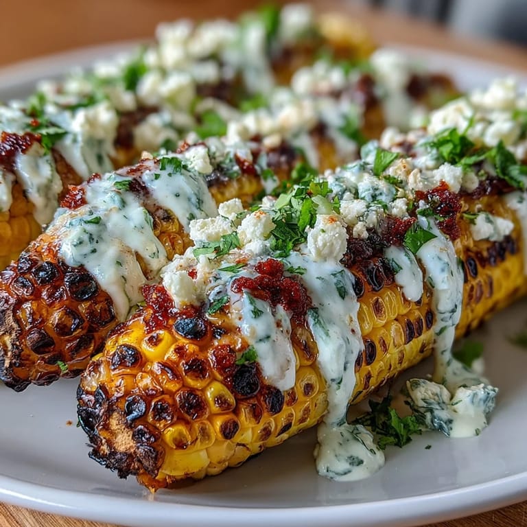 Sweet corn charred on the grill, coated in rich elote sauce, and garnished with chili, cheese, and lime wedges for bold flavor.
