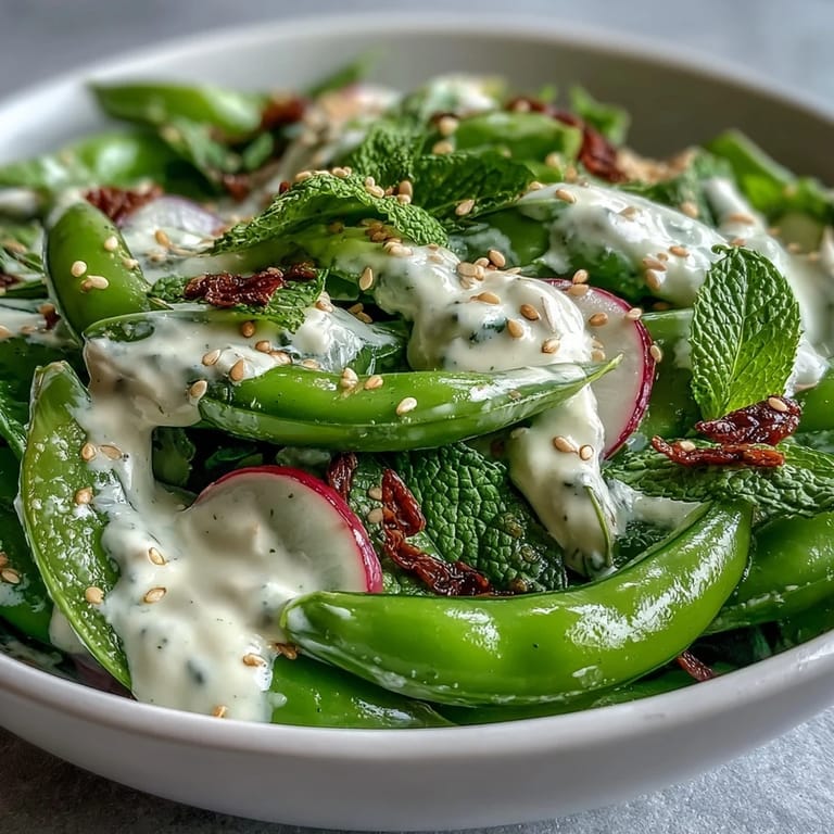 Tender snap peas and peppery radishes tossed in creamy tahini dressing, ready to serve.