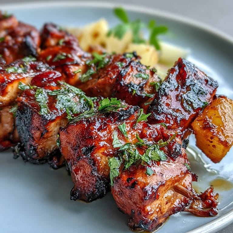 Smoky al pastor chicken skewers featuring caramelized pineapple chunks and fresh cilantro.