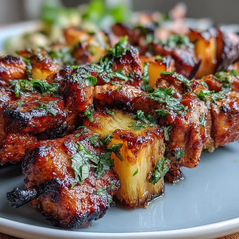 Tender marinated chicken al pastor skewers, hot off the grill with lime wedges.