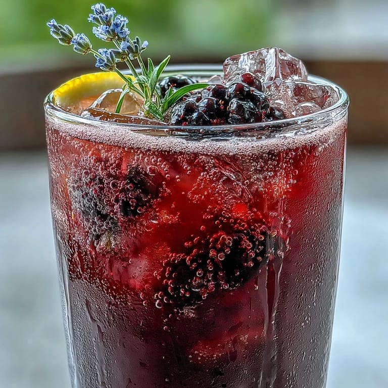 Close-up of a tall glass filled with colorful blackberry lavender lemonade fizz.