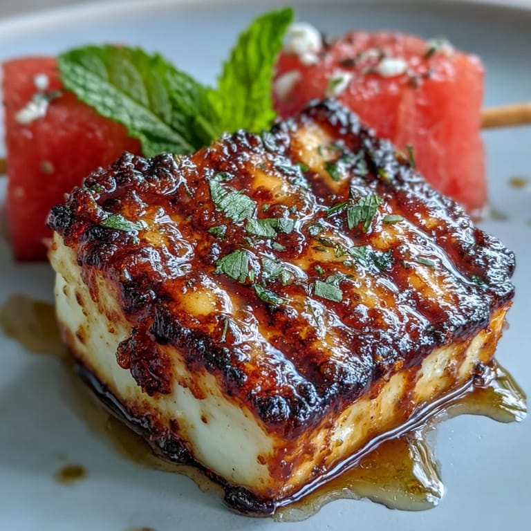 Colorful halloumi skewers with watermelon, mint, and grilled red onion, perfect for grilling.