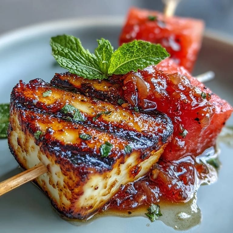 Juicy watermelon and savory grilled halloumi skewers with bright mint, an easy summer appetizer.