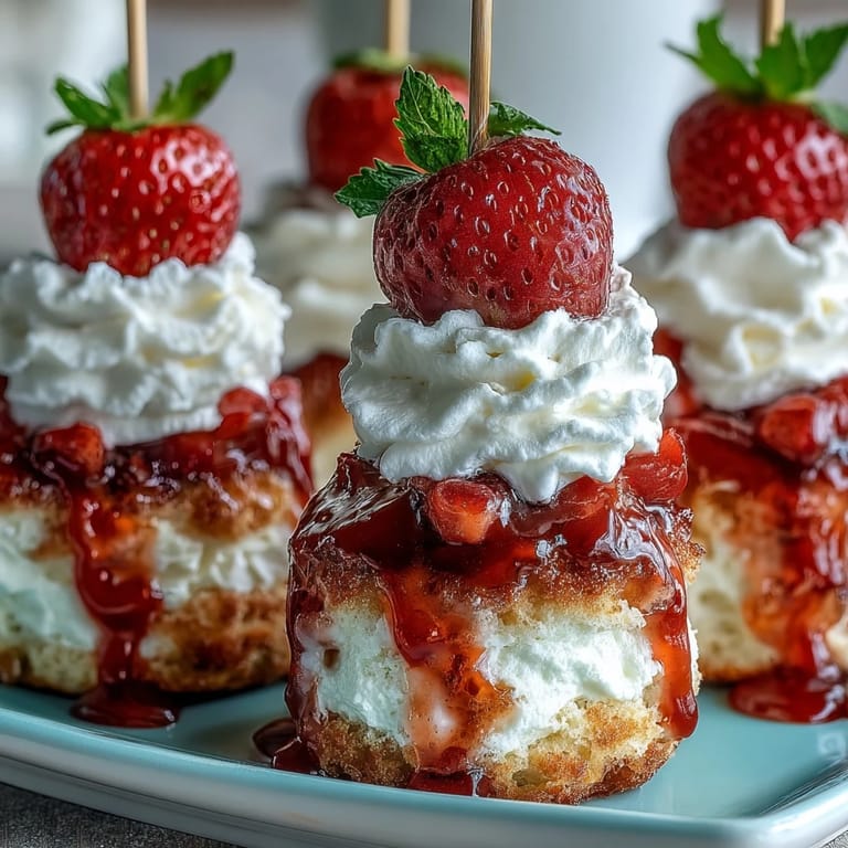 Adorable mini shortcake bites loaded with strawberries and whipped cream.