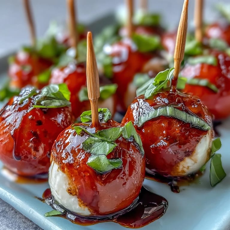 Mini Caprese skewers drizzled with glossy balsamic glaze, a sweet and savory starter.