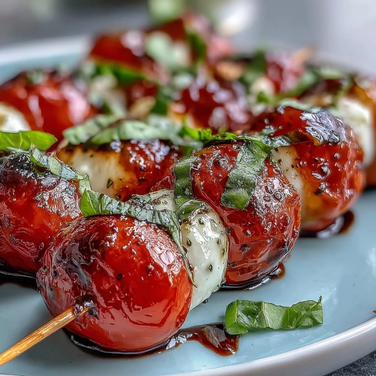 Bright cherry tomato and mozzarella skewers with fresh basil, ready to be devoured.