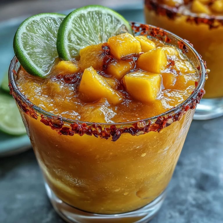 Enjoy a cool, spicy Fricy Spicy Mango Margarita Slushie garnished with chili-lime.