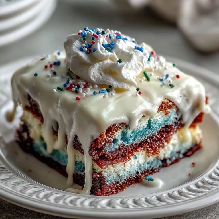 Juicy patriotic poke cake adorned with whipped topping and red, white, and blue flair.