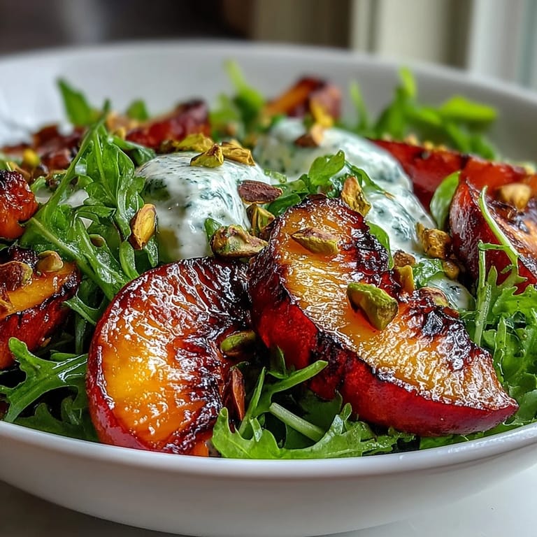 A vibrant grilled peach and burrata salad with honey drizzle, ready to serve.