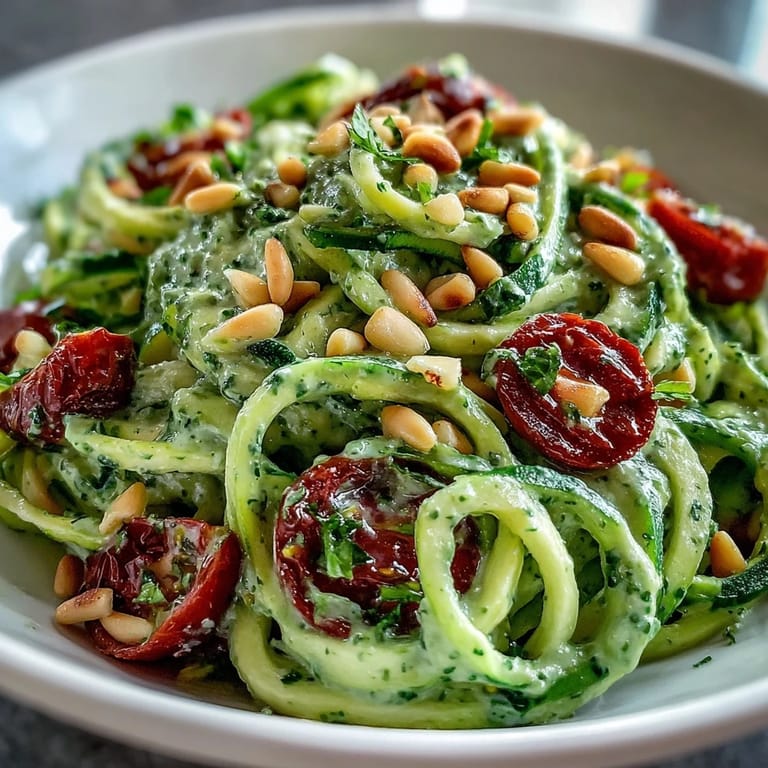 Light and healthy Zucchini Noodles with Avocado Pesto, garnished with cherry tomatoes.