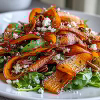 Roasted carrot ribbons toss with honey-mustard vinaigrette over fresh salad greens, topped with feta.  
