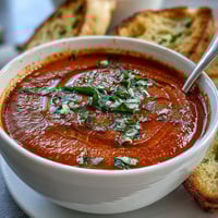 A bowl of vibrant Tomato and Basil Soup garnished with fresh basil leaves and a drizzle of olive oil.