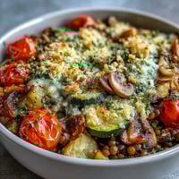 Golden-brown Green Lentil and Vegetable Casserole topped with melted Parmesan, served bubbling from the oven.  