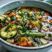 Steam rises from a comforting bowl of Minestrone Vegetable Soup, showcasing colorful vegetables and pasta in a rich broth.