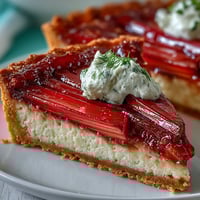 Close-up of a sliced Rhubarb, White Chocolate, and Elderflower Tart showing creamy custard and tangy roasted rhubarb.