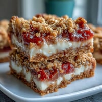 Golden, buttery crumble tops Rhubarb and Custard Crumble Bars layered with tangy red rhubarb.