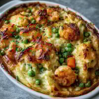 Golden, crispy mashed potato tops a baked Curried Fish Pie, revealing a creamy curry sauce with tender fish pieces.