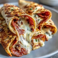 Freshly baked Tortilla Pizza Rolls with golden-brown spirals are displayed, showcasing melted mozzarella and diced pepperoni with a side of zesty red dipping sauce.
