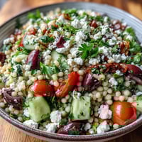 Fresh Mediterranean Pearl Couscous salad with bell peppers, cucumber, and kalamata olives topped with crumbled feta.