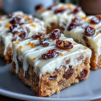 Freshly baked Cranberry Bliss Bars with orange cream cheese frosting and white chocolate drizzle on a wooden board.