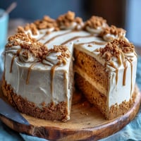 A slice of Decadent Baked Biscoff Cake with Creamy Lotus Frosting rests on a white plate, topped with a cookie half.