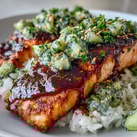 Freshly baked Bang Bang Salmon Bowl showcases flaky salmon fillets atop steamed rice, drizzled with creamy spicy sauce and garnished with cilantro.