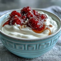 Fresh strawberry compote swirls over creamy Greek yogurt, topped with crunchy nuts and a honey drizzle in a vibrant breakfast bowl.