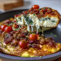 Golden One-Pan Ham and Cheese Frittata with spinach, tomatoes, and melty cheddar baked to perfection for a hearty breakfast.