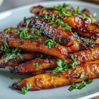 Honey Roasted Carrots and Parsnips with golden caramelized edges and fresh thyme garnish.