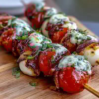 Vibrant Caprese skewers with cherry tomatoes, mozzarella, and basil, drizzled with fragrant homemade pesto.
