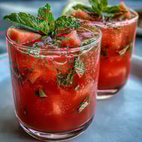 Refreshing watermelon mint lemonade with juicy fruit chunks and vibrant green mint leaves in a tall glass, perfect for summer sipping.