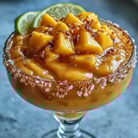 Frozen Mango Margarita Mocktail in a salt-rimmed glass, garnished with lime and mango slices, frosty and vibrant.