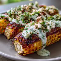Grilled corn on the cob topped with creamy elote sauce, Cotija cheese, and chili powder for a smoky, tangy treat.