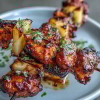 Juicy grilled chicken al pastor skewers with sweet pineapple, perfect for summer plates.