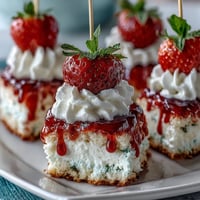 Mini Strawberry Shortcake Bites on a skewer, fluffy with fresh berries and cream.