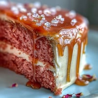 Elegant Bridal Shower Rosé Velvet Cake with shimmering gold drip.