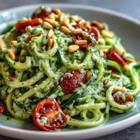 Zucchini Noodles with Avocado Pesto featuring bright green noodles and creamy avocado sauce.